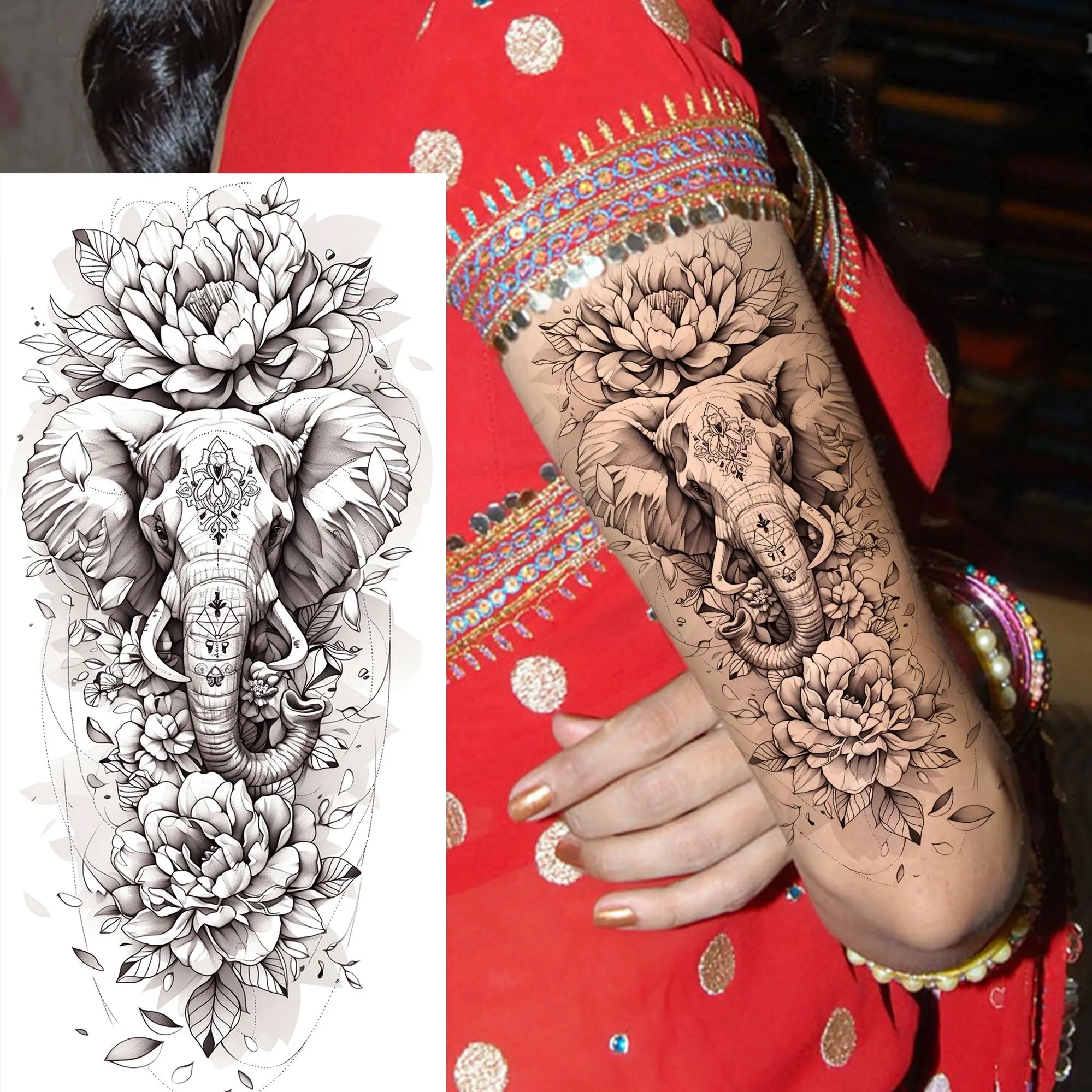 1 Sheet Beautiful Turtle With Flowers Temporary Tattoos Elephant Lion Tatoos Waterproof Realistic Animals Fake Tattoos Stickers - Sun Studio