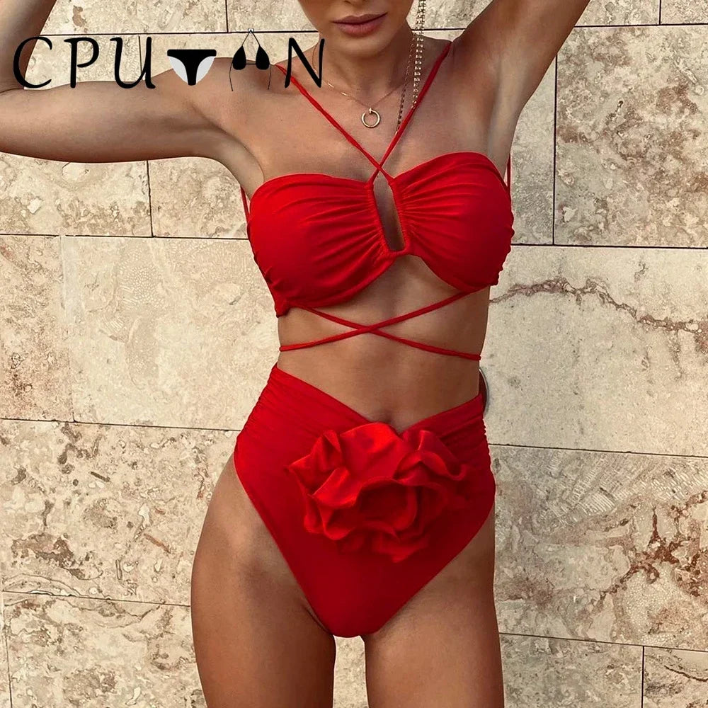 2026 Neu Sexy Weiß 3D Blume Einfarbig Zweiteilig Push Up Bikini Set Luxus Badebekleidung Damen Badeanzug Strandmode Sommer Badeanzug