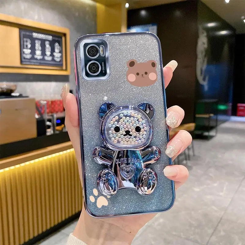 E 7 E 13 Glitter Bling Bear Phone Holder Case On For Motorola Moto E7 Plus Power E13 E20 E22 E22i E32 EDGE 20 30 Stand Cover - Sun Studio