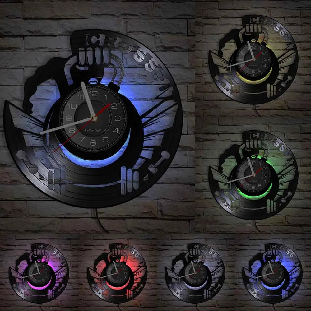 Fitness Equipment Thema Vinyl Schallplatte Fitness Wanduhr Heimdekoration LED Hintergrundbeleuchtung Moderne Fitness Uhr