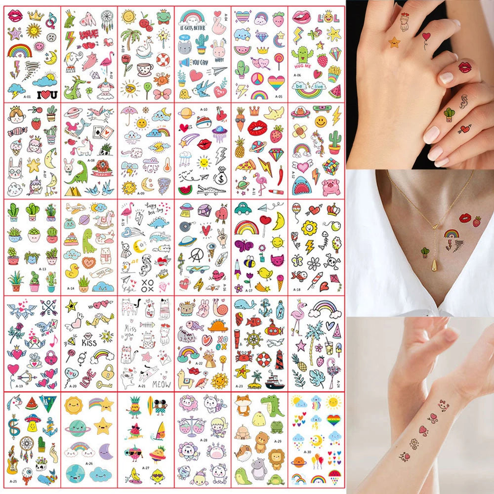 30 Sheets Cute Cartoon Temporary Tattoos for Hands Waterproof Tattoo Stickers Rainbow Fruit Moon Fake Finger Tattoo - Sun Studio