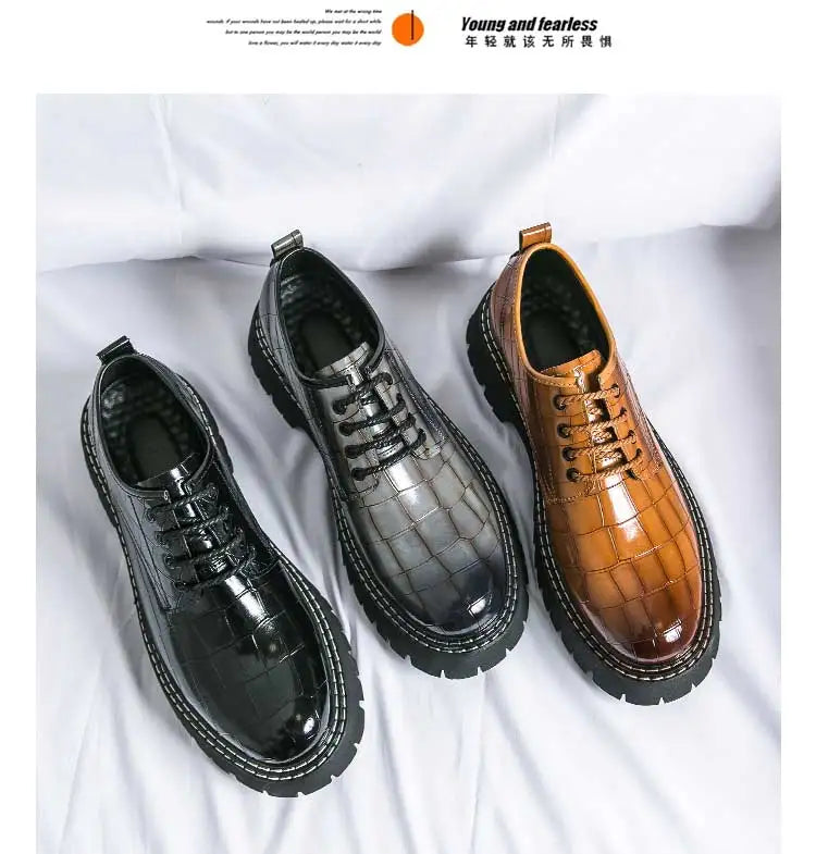 New Black Men Shoes Lace-up  Round Toe Stone Pattern Brown Gray Men Dress Shoes Size 38-46 - Sun Studio