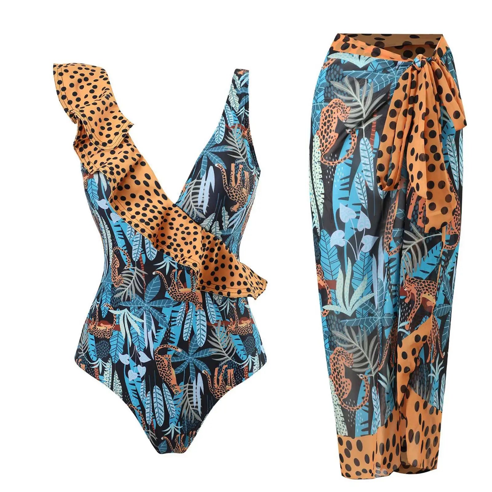 2024 Sexy Women's Swimsuit with Skirt One-Piece Swimwear Vintage Ruffle V Neck Cover Up Bikinis Set Beachwear Bathing Suit - Sun Studio