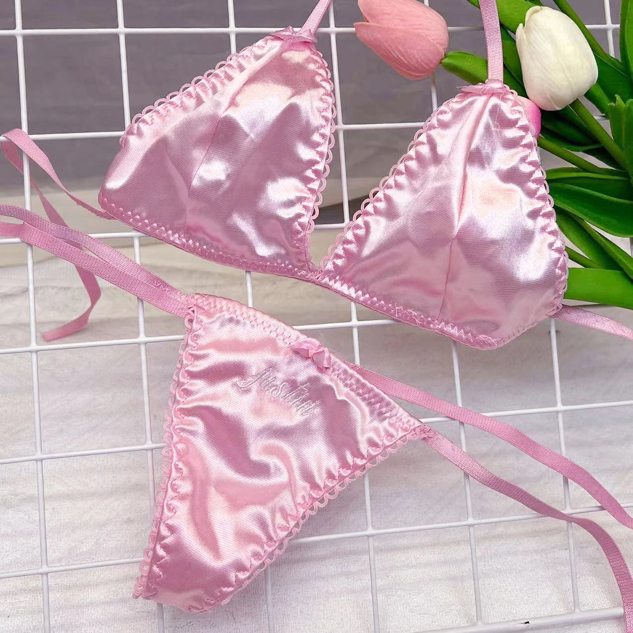 Custom Thongs Bra Sets Bikini With Embroidery Letters Name Personality String Sexy Panties Y2k Hotwife Underwear Pink Swimsuit - Sun Studio