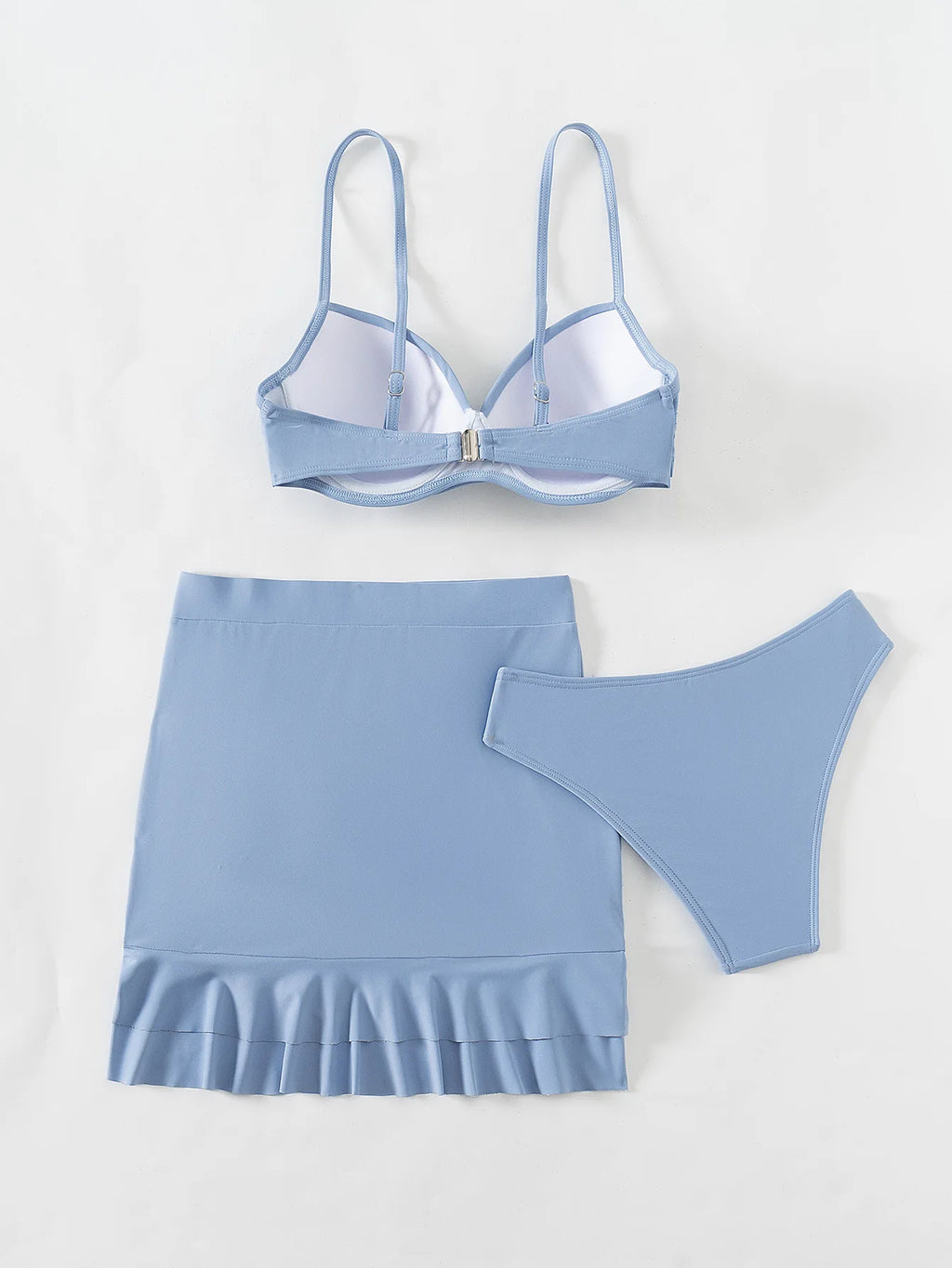 Women's Sky Blue Three Piece Swimsuit Solid Color V-neck Underwire Bikini Set Beach Vacation Suspender Backless Swimwear 2026 - Sun Studio