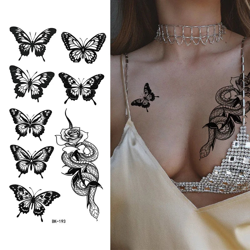 Schwarz Weiß Temporäre Transfer Tattoos Florale Schmetterlinge Schriftzüge Linienkunst Wasserfeste Körperaufkleber für Musikfestival Party
