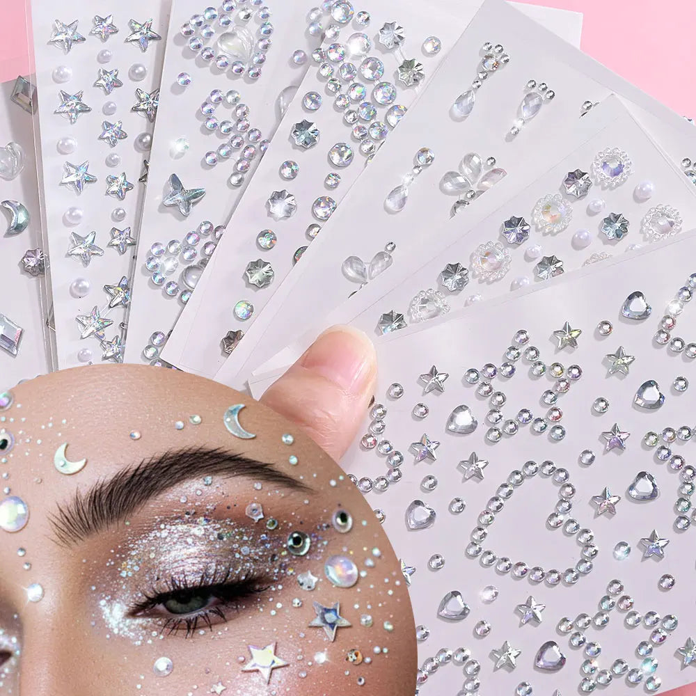 1Sheet 5D Mixed Shell Aurora Rhinestone Girl Face Stickers Hollow Star/Moon/Heart Self-Adhesive Cute Girl Make Up Diamond Decal - Sun Studio