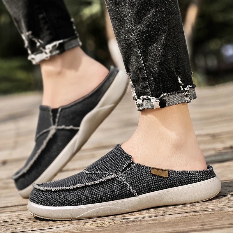 Casual Slip on Mens Shoes Outdoor Walking Comfortable Canvas Slippers Korean Trend Baotou Half Drag Slides Zapatillas Hombre - Sun Studio