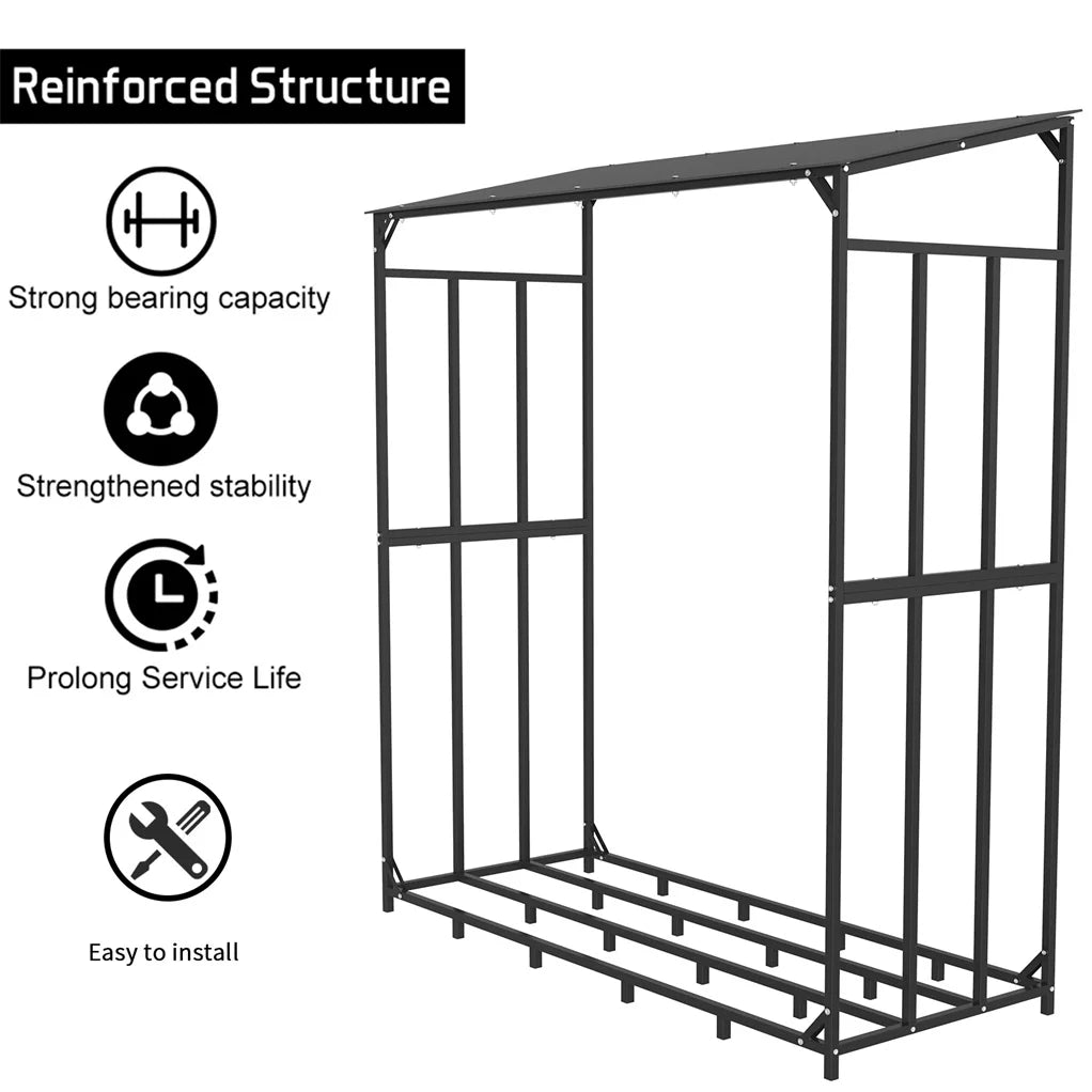 70" Outdoor Metal Log Store Stack Holder Wood Firewood Rack Garden Storage Shed with Waterproof Roof - Sun Studio