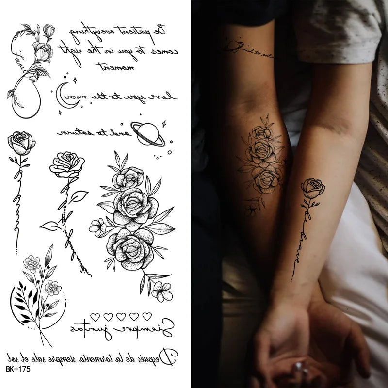 Schwarz Weiß Temporäre Transfer Tattoos Florale Schmetterlinge Schriftzüge Linienkunst Wasserfeste Körperaufkleber für Musikfestival Party