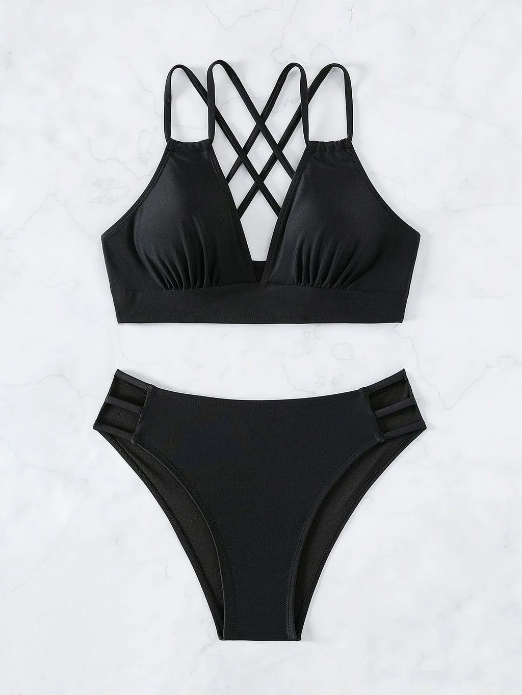 Solid Color Black Two Piece Swimsuit for Women Summer New High Waist Bikini Set Beach Vacation V-neck Backless Swimwear 2024 - Sun Studio