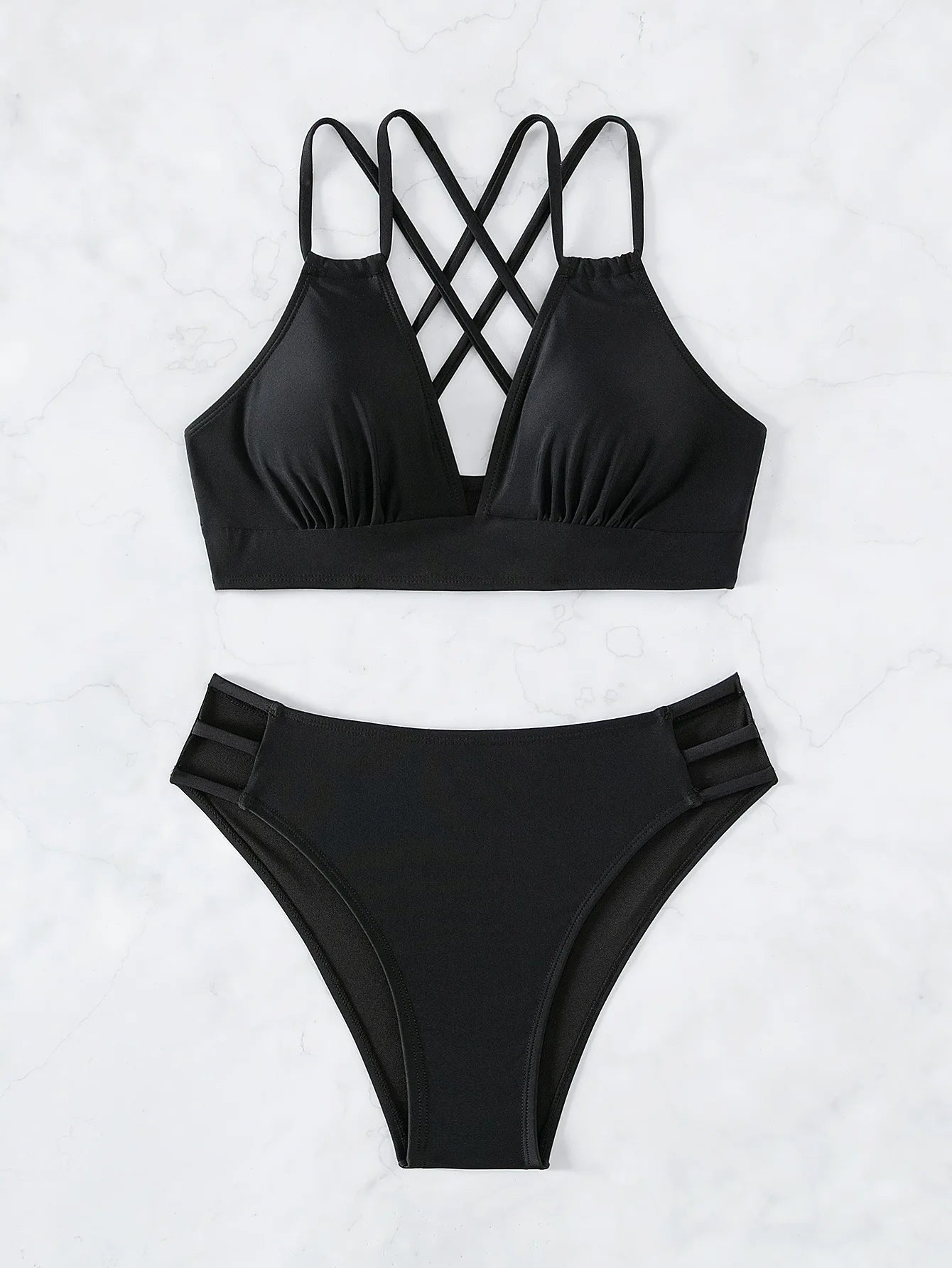 Solid Color Black Two Piece Swimsuit for Women Summer New High Waist Bikini Set Beach Vacation V-neck Backless Swimwear 2024 - Sun Studio