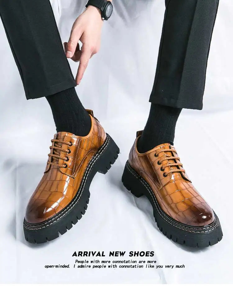 New Black Men Shoes Lace-up  Round Toe Stone Pattern Brown Gray Men Dress Shoes Size 38-46 - Sun Studio