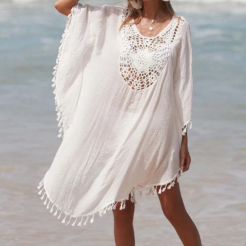 Women's Handmade Crochet Splicing Swimsuit Cover-Ups With Tassel Summer Holiday Beach Casual Loose Sunscreen Short Dress - Sun Studio
