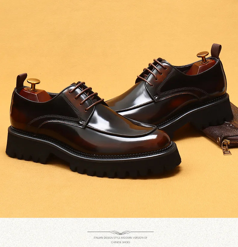 designer men's leather shoes with thick soles round toe glossy leather business dress shoes Waxed cowhide lace up British shoes - Sun Studio
