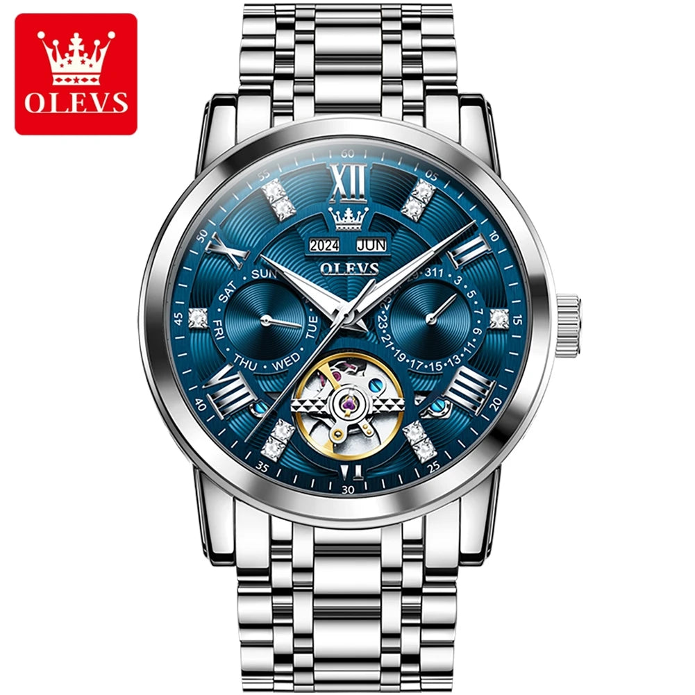 OLEVS 6701 Top Original Automatic Watch for Men Stainless Steel Hollow Skeleton Mechanical Watch Waterproof Business Wristwatch - Sun Studio