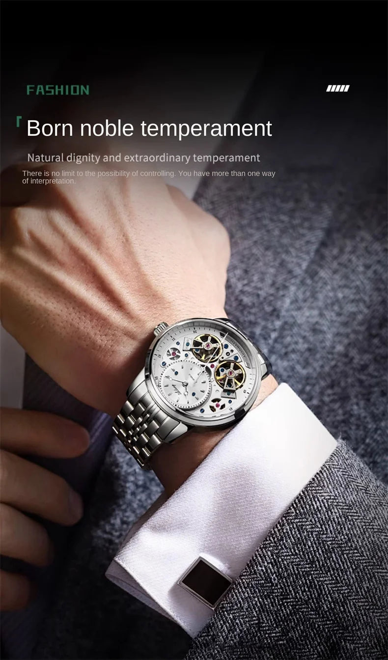 AILANG Brand New Luxury Double Tourbillon Watch for Men Stainless Steel Strap Waterproof Fashion Mechanical Watches Mens - Sun Studio