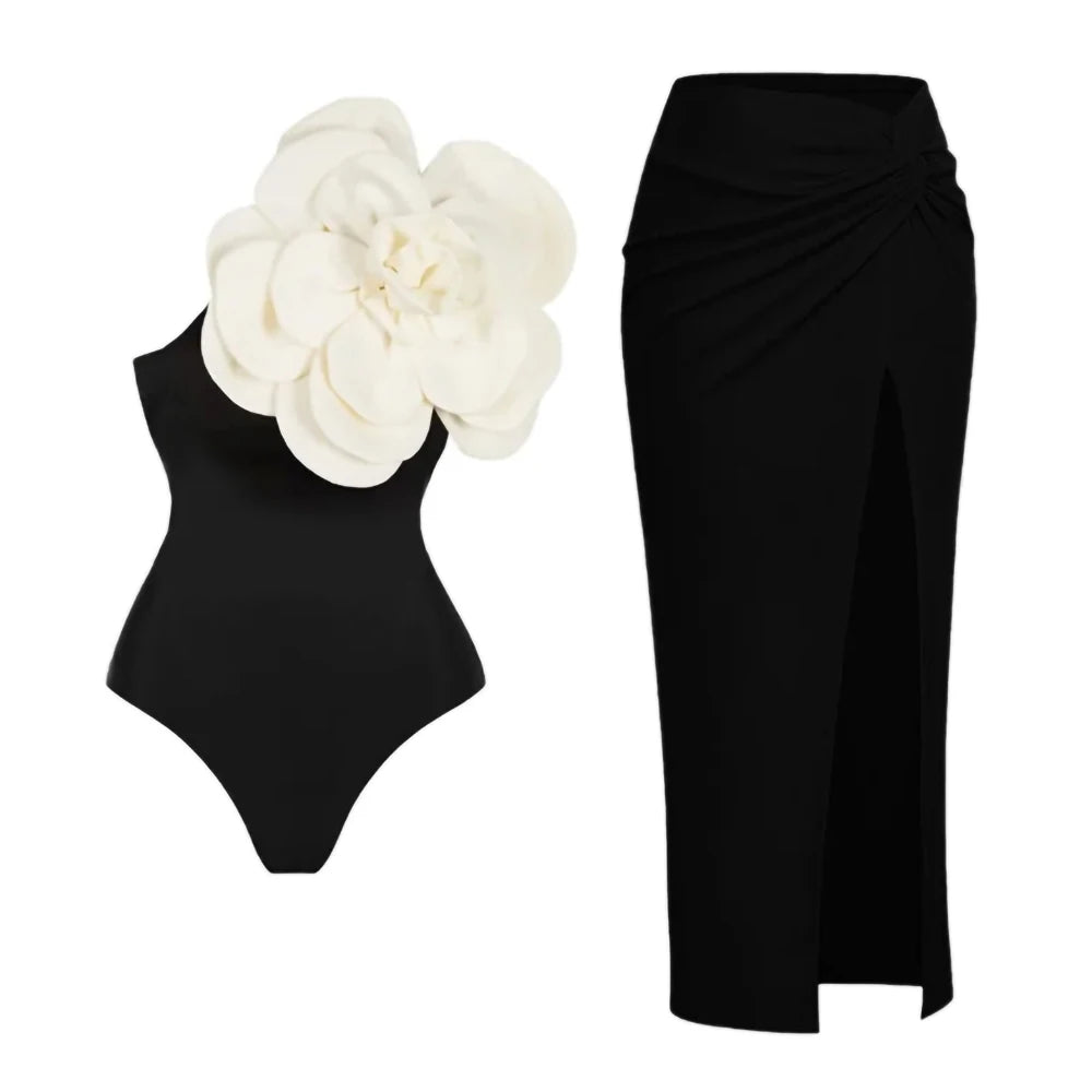 2024 Sexy Damen Badeanzug mit Rock Einteiler Badebekleidung Vintage Rüsche V-Ausschnitt Cover Up Bikinis Set Strandmode Badeanzug