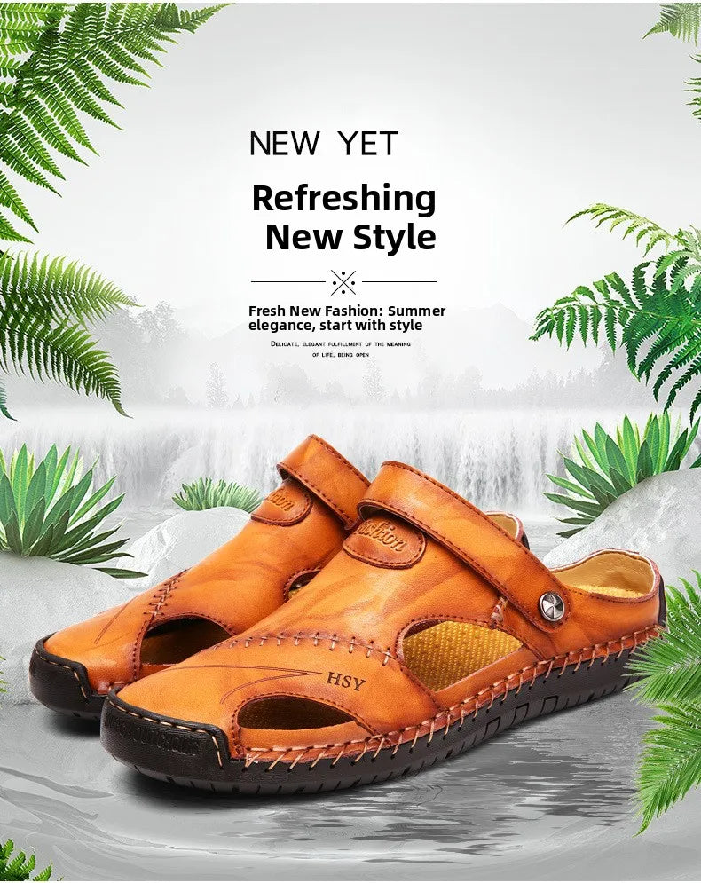Large Size Men's Sandals Casual Leather Beach Shoes Breathable Slip-On Durable Stitched Construction Comfortable Walking Sandals - Sun Studio