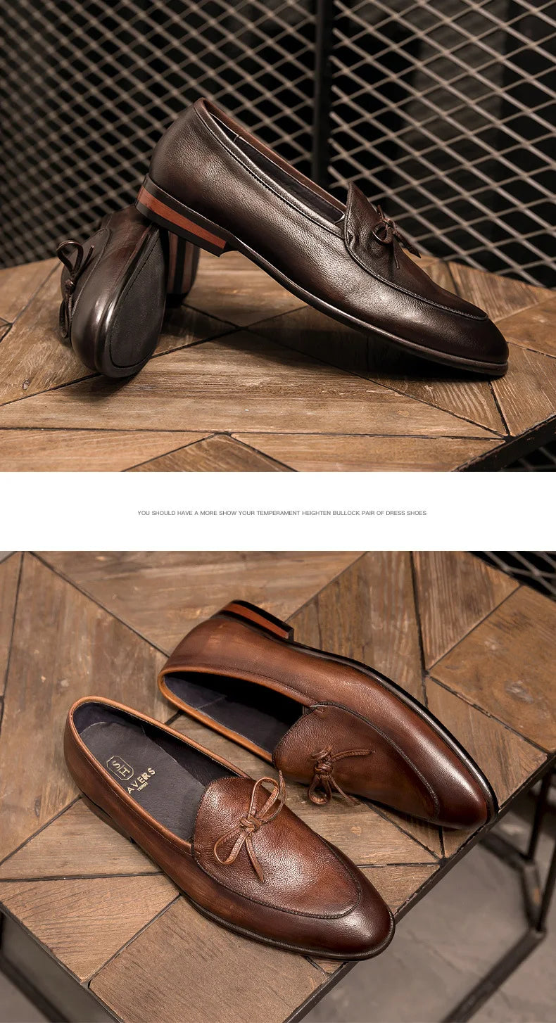 Genuine Leather Men Loafers Handmade Square Toe Butterfly-knot  Solid Handmade  Zapatos De Vestir Hombre - Sun Studio