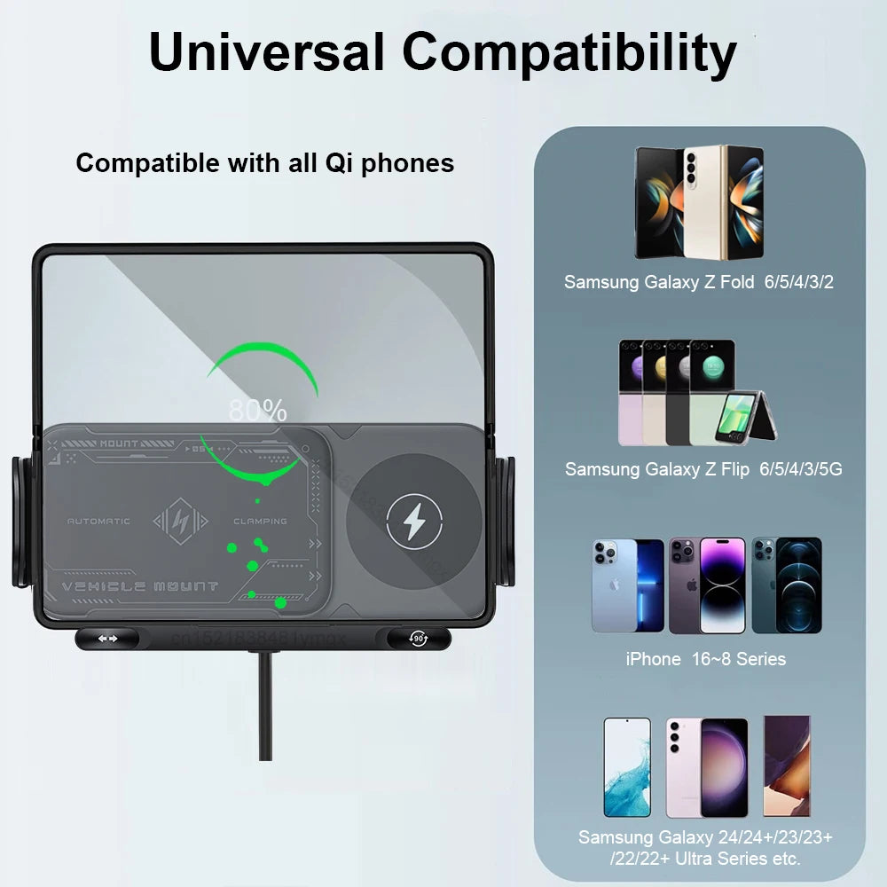 Car Wireless Charger DualCoil Fold Screen Car Phone Holder for Samsung Galaxy Z Fold 6 5 Flip 4 3 Fast Charging Vent Mount Stand - Sun Studio