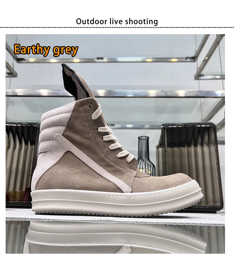 Ro Shoes Men Leather 2025 New Earthy Grey Cow Suede Lace Up Zipper Thick Sole Luxury Geo Women Street Hip-hop Casual Flat Boots - Sun Studio