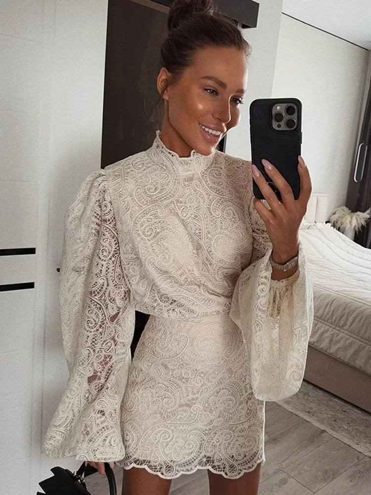 White Lace Dresses Elegant Solid Flared Sleeve High Neck Slim Pleat Mini Women Dress 2026 New Fashion Club Evening  Party Robes - Sun Studio