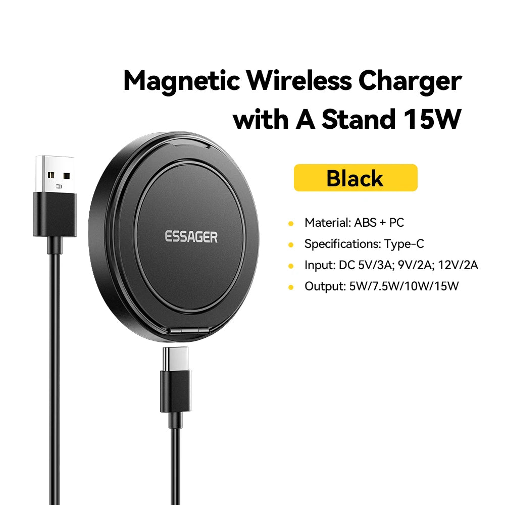 Essager Magnetic Wireless Charger With Holder 15W Fast Charging For iPhone16 15 14 13Pro Max Airpods Mini Wireless Phone Charger - Sun Studio