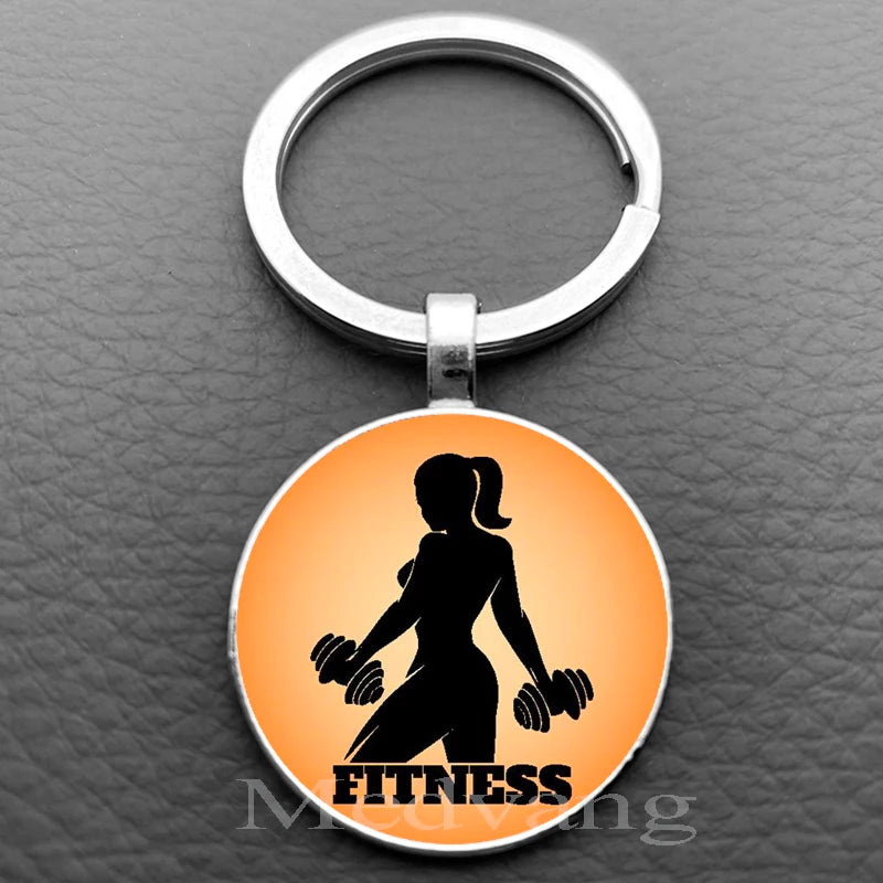 Weightlifting Fitness Pattern Keychain Loves Fitness Men and Women Exclusive Glass Round Keychain Gift for Fitness Club - Sun Studio