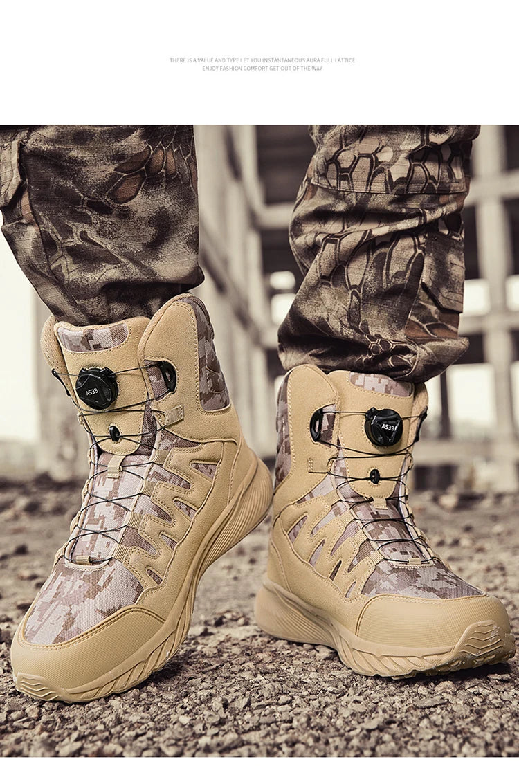 Large Outdoor Training Boots Men's Mountaineering Hiking Boots High Top Rotating Buckle Fashion Camouflage Sports Shoes - Sun Studio