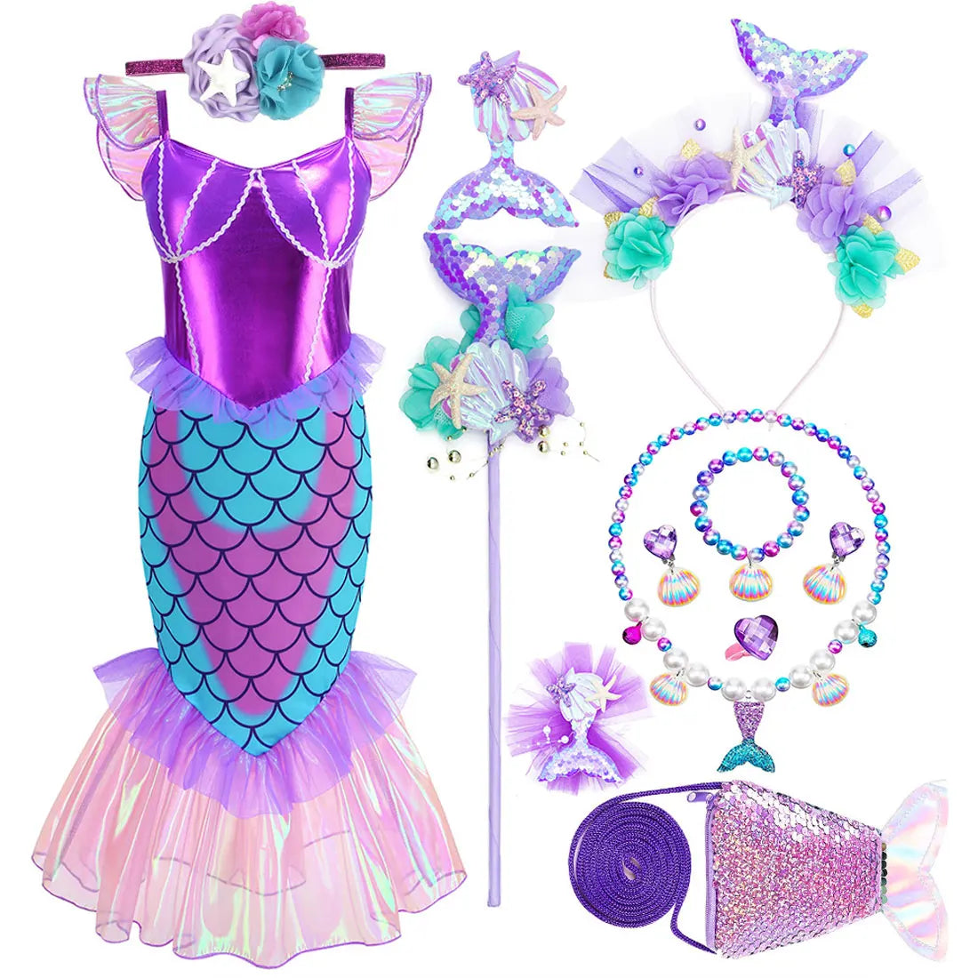 Disney Blue Red Purple Three Colors Mermaid Flying Sleeve Fishtail Beautiful Dress For Girl Summer Beach Party Cool Swimsuit Set - Sun Studio