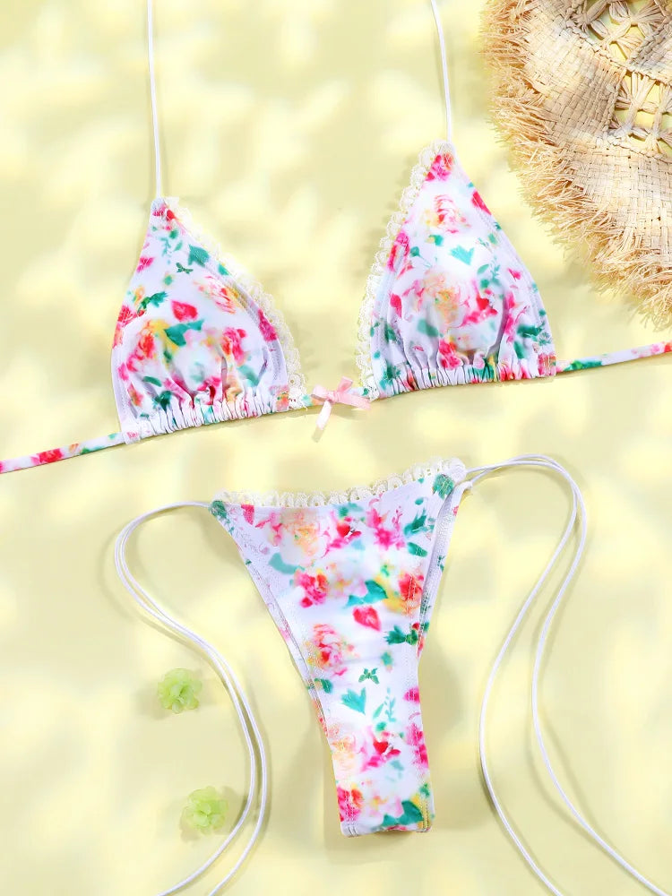 Sexy Triangle Mini Bikini Sets Micro Thongs Swimsuit Women Bathing Suit Biquini Bandage Beachwear Print Swimwear Thong Bikini - Sun Studio