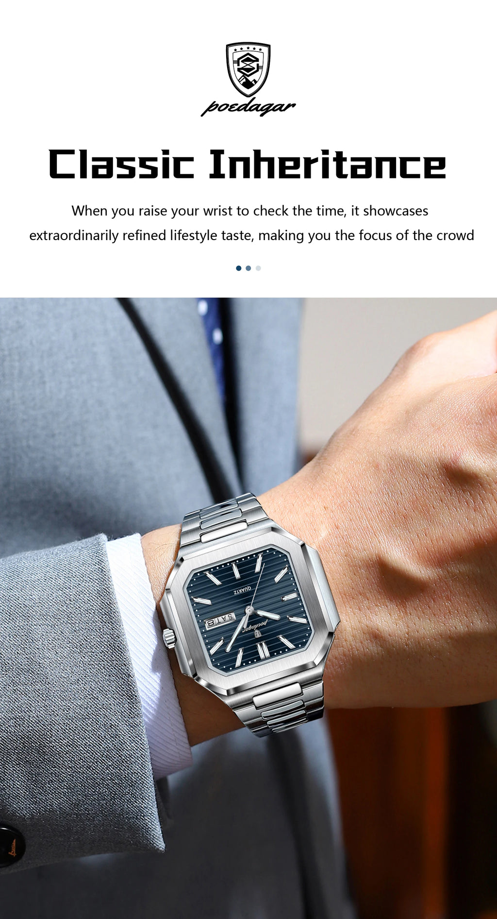 POEDAGAR Square Fashion Man Wristwatch Waterproof Luminous Date Week Quartz Men's Watches Stainless Steel Luxury Men Watch Reloj - Sun Studio