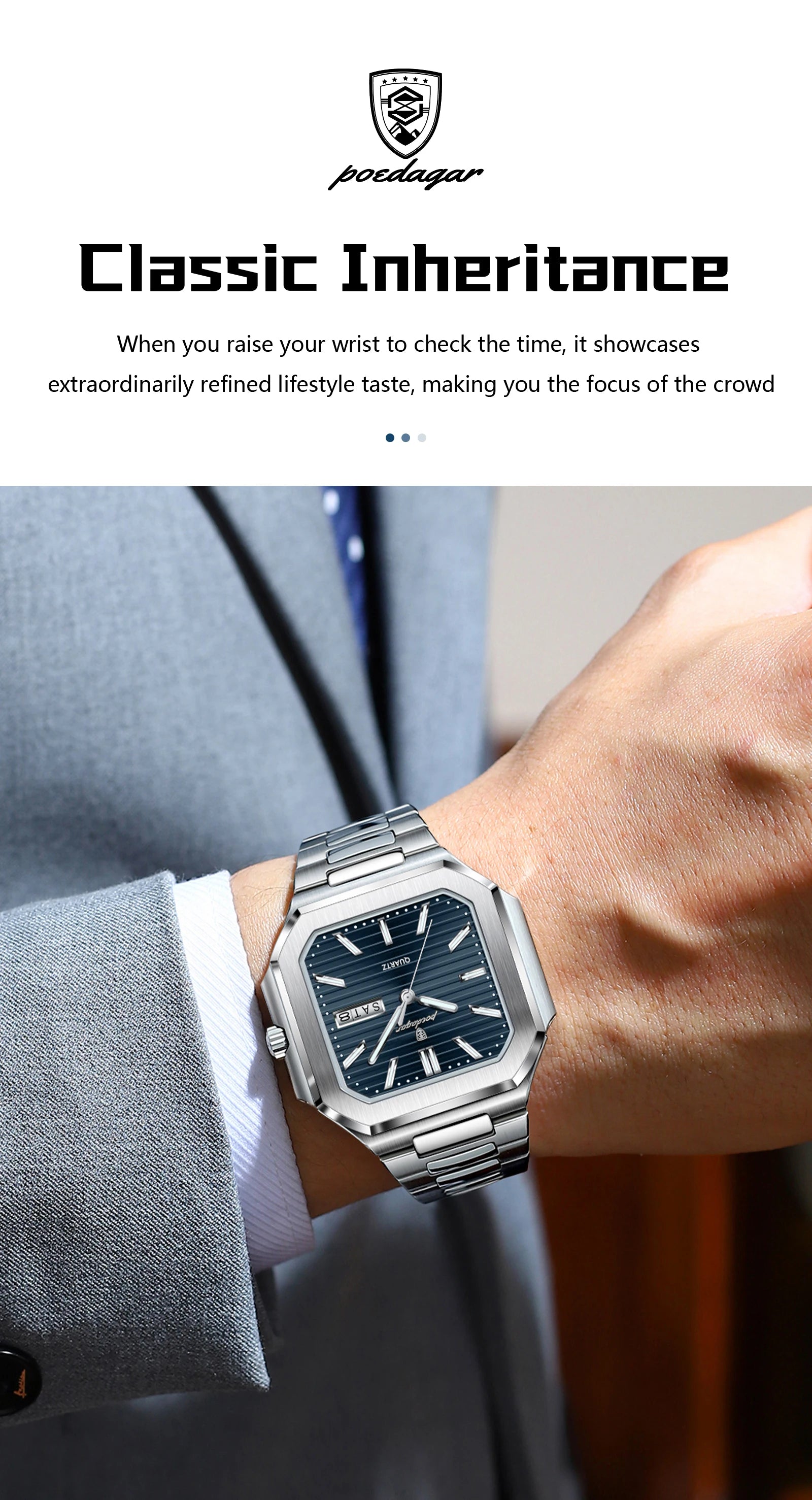 POEDAGAR Square Fashion Man Wristwatch Waterproof Luminous Date Week Quartz Men's Watches Stainless Steel Luxury Men Watch Reloj - Sun Studio