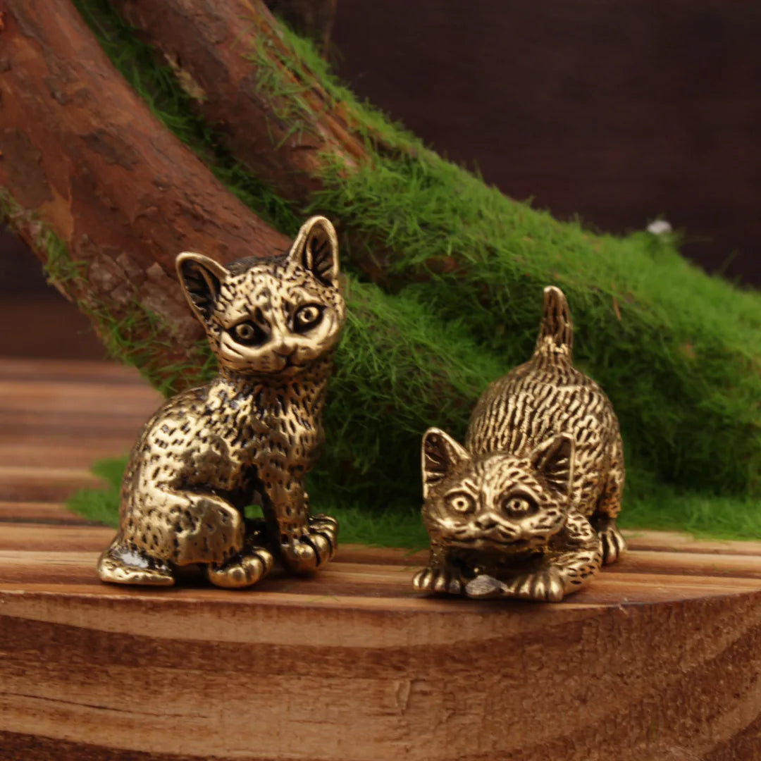 Brass cat Statue Cute 2pcs Miniature Figurines Desk Ornament Decorations Accessories Copper Animal Sculpture Home Decor Crafts - Sun Studio