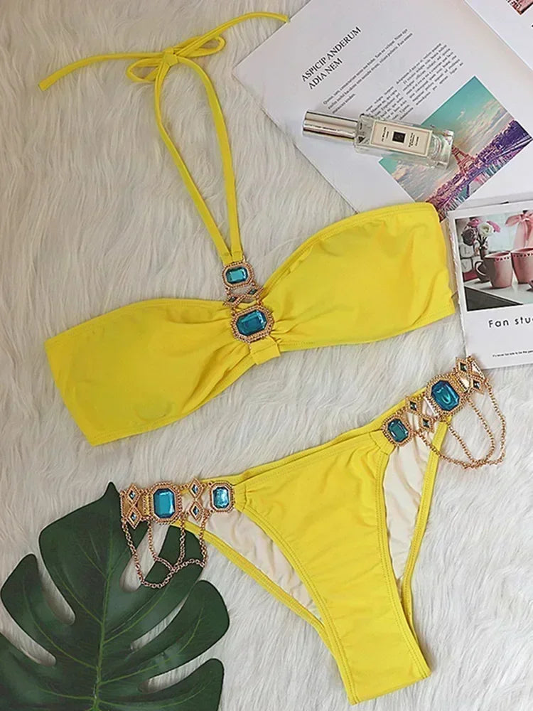Halter Rhinestone Diamant Bikini Frauen Badeanzug Weibliche Bikinis Metallkette Badebekleidung Zweiteiliges Bikini Set Badeanzug Schwimmen Damen