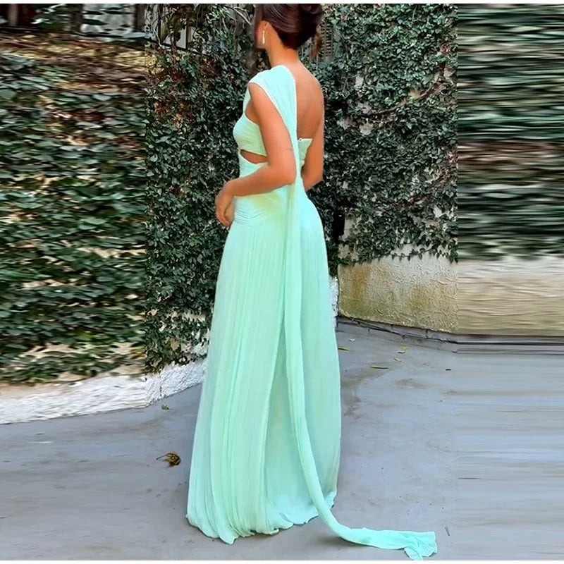 Elegant Hollow Out Ribbon Long Party Dress Women Pleated Spliced Sleeveless Backless Dresses 2025 Summer Lady Beach Holiday Robe - Sun Studio