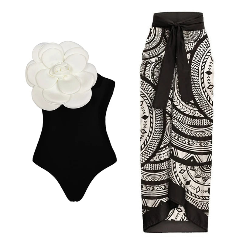 2024 Sexy Damen Badeanzug mit Rock Einteiler Badebekleidung Vintage Rüsche V-Ausschnitt Cover Up Bikinis Set Strandmode Badeanzug
