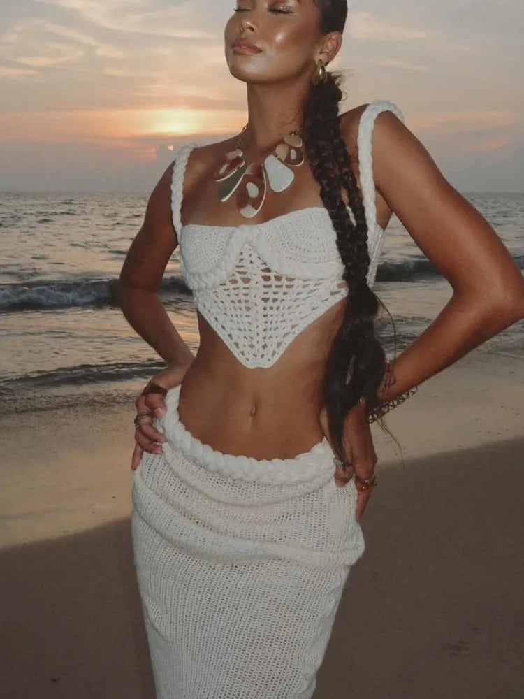 Halter Knitted Vest Bikini Top Split Fishtail Skirt Set Crochet Hollow Out Beach Swimsuit Sexy Backless Suspender Long Skirts - Sun Studio
