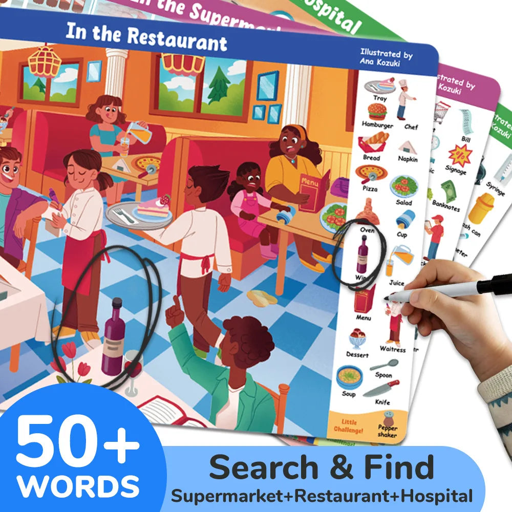 Search and Find Game Looking for Different 3 Themes Interactive Activity Painting Kit Drawing Books with Reusable Pen - Sun Studio