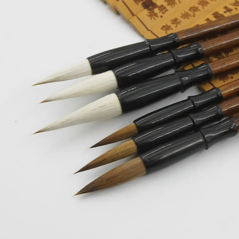 6pcs/set White Woolen Student Chinese Calligraphy Brush Pen Writing Brush Brown Weasel Hair - Sun Studio