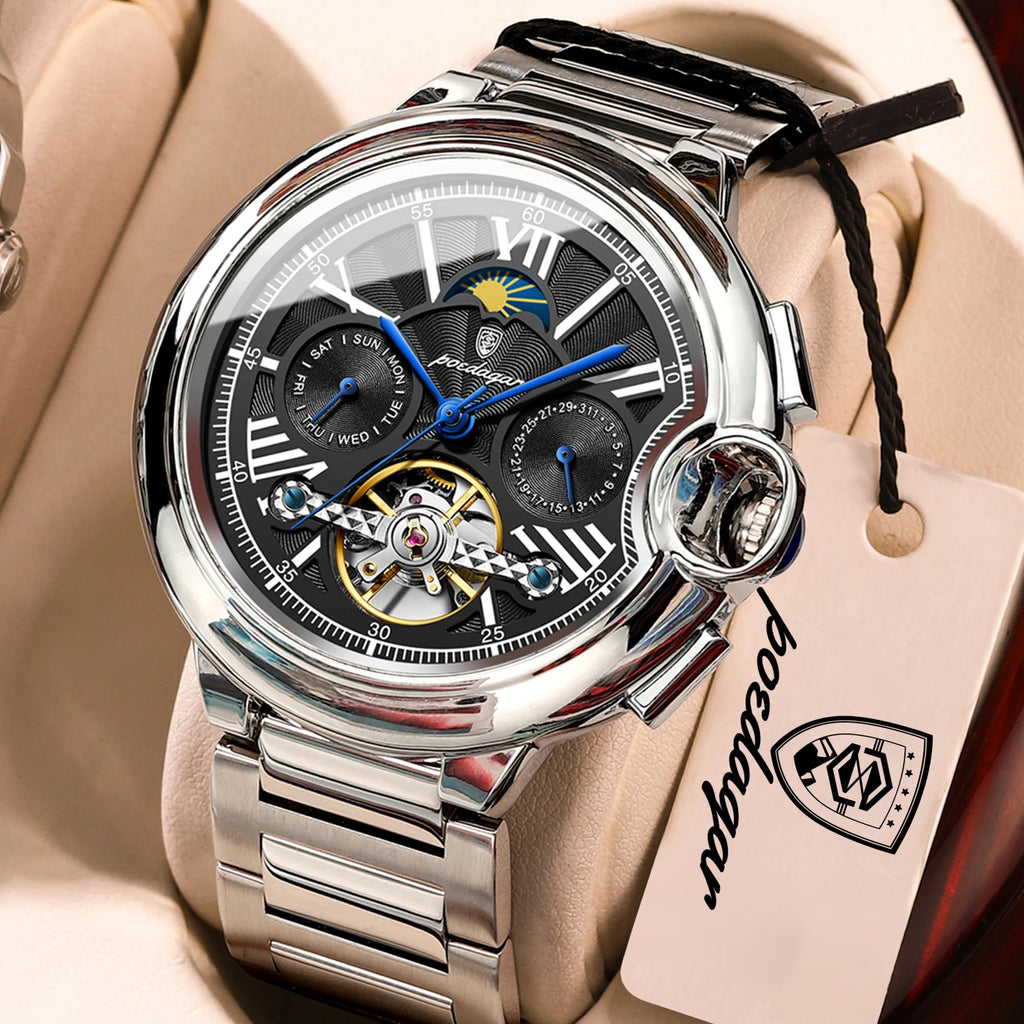 POEDAGAR Luxury Male Watch Business Date Week Stainless Steel Tourbillon Men Clock Waterproof Automatic Mechanical Men's Watches - Sun Studio