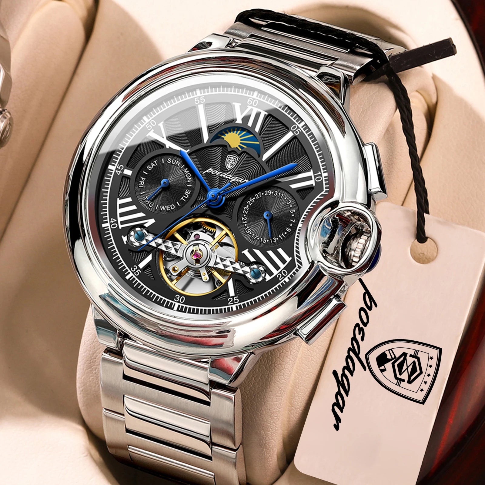 POEDAGAR Luxury Male Watch Business Date Week Stainless Steel Tourbillon Men Clock Waterproof Automatic Mechanical Men's Watches - Sun Studio