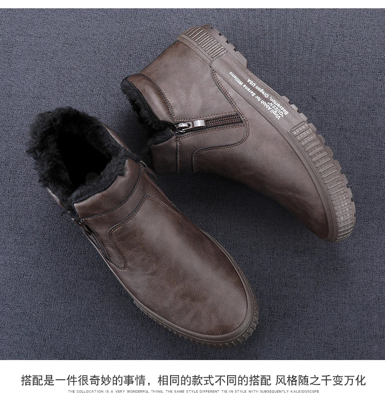 Man Winter Warm Leather Boots Warm Plush Inside High Tops Casual Shoes Slip on Keep Warm Thick Fur Men's Platform Ankle Boots - Sun Studio