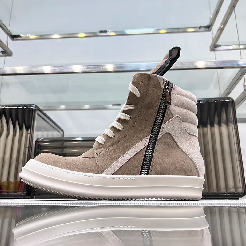 Ro Shoes Men Leather 2025 New Earthy Grey Cow Suede Lace Up Zipper Thick Sole Luxury Geo Women Street Hip-hop Casual Flat Boots - Sun Studio