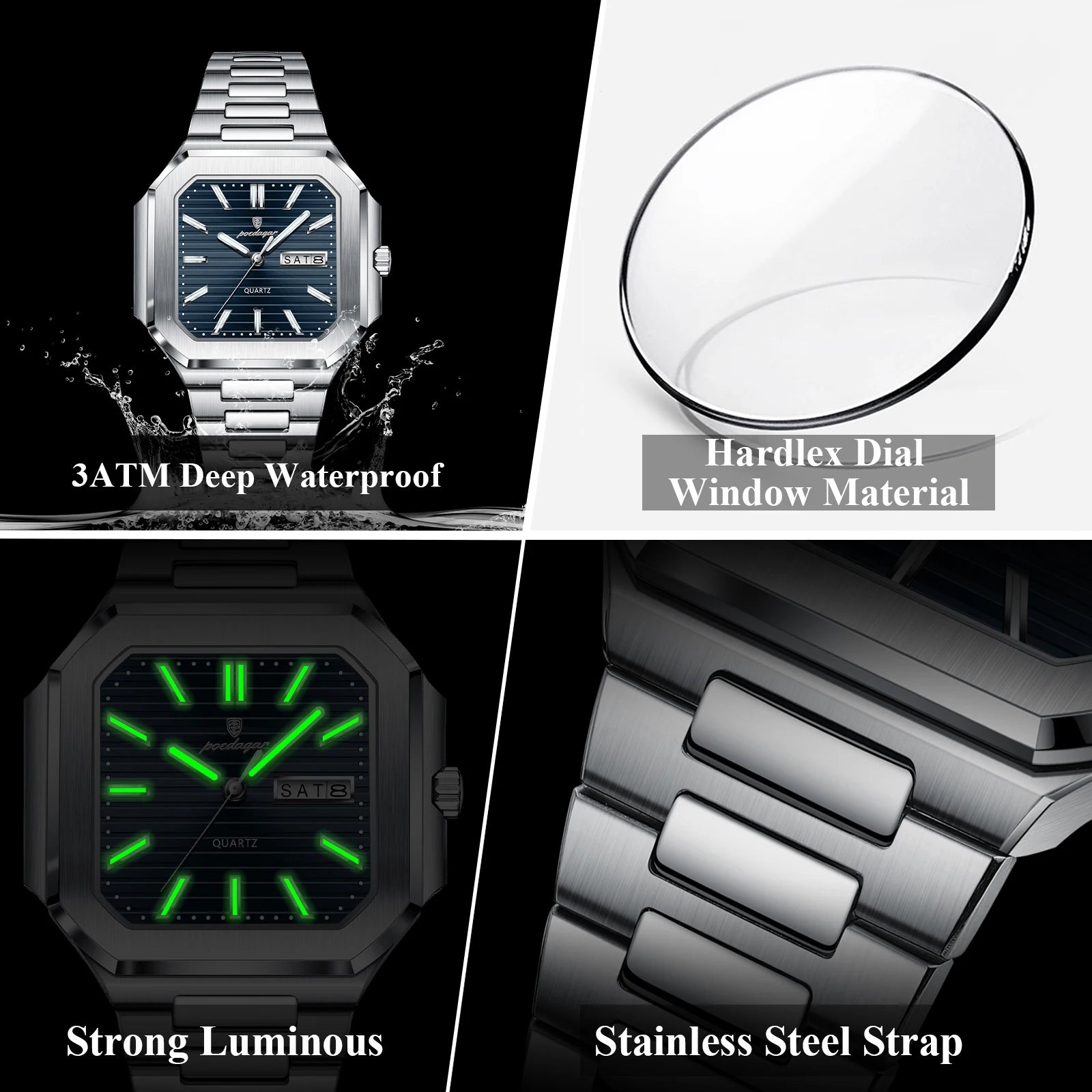 POEDAGAR Square Fashion Man Wristwatch Waterproof Luminous Date Week Quartz Men's Watches Stainless Steel Luxury Men Watch Reloj - Sun Studio