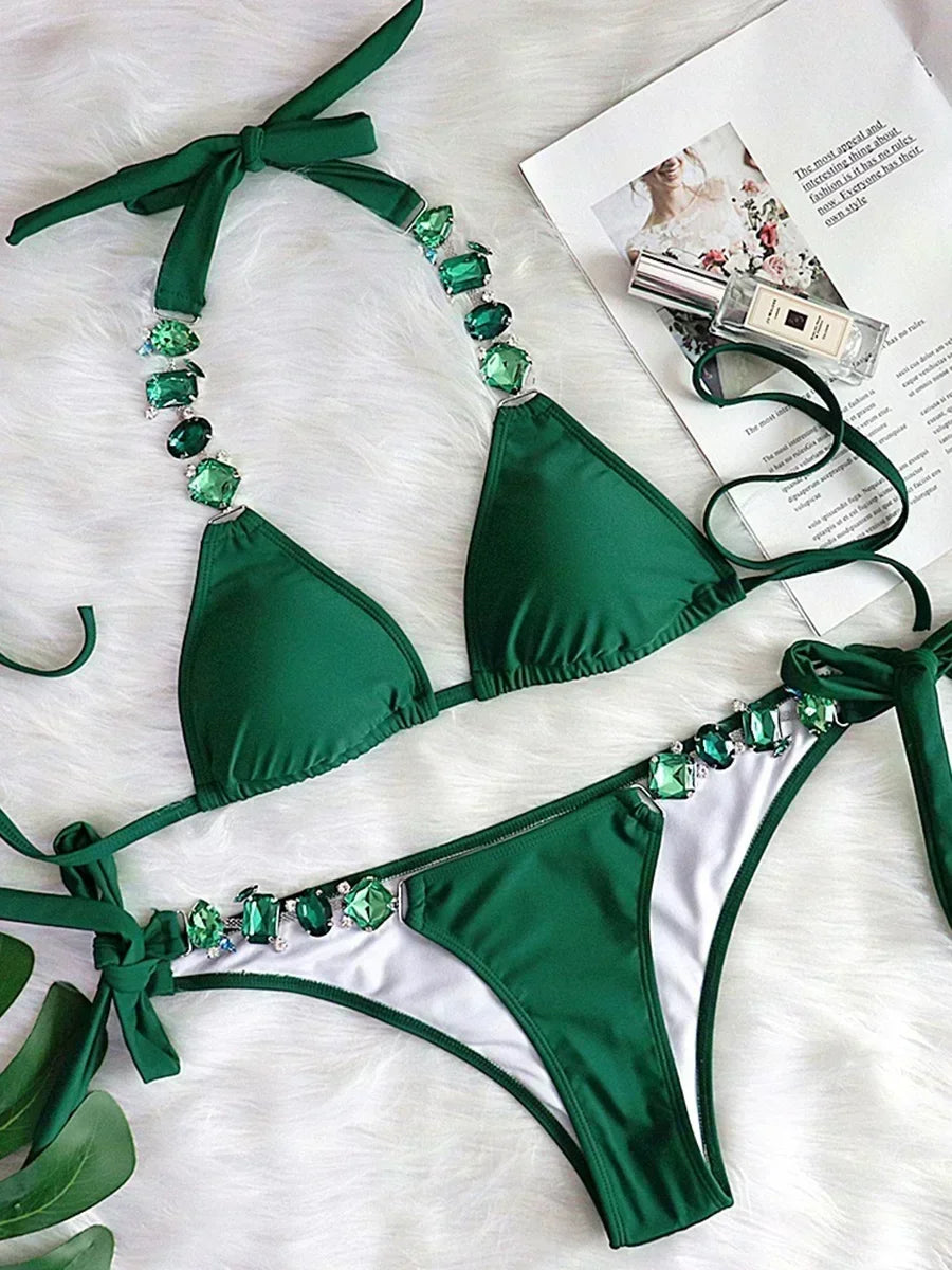Halter Rhinestone Diamant Bikini Frauen Badeanzug Weibliche Bikinis Metallkette Badebekleidung Zweiteiliges Bikini Set Badeanzug Schwimmen Damen