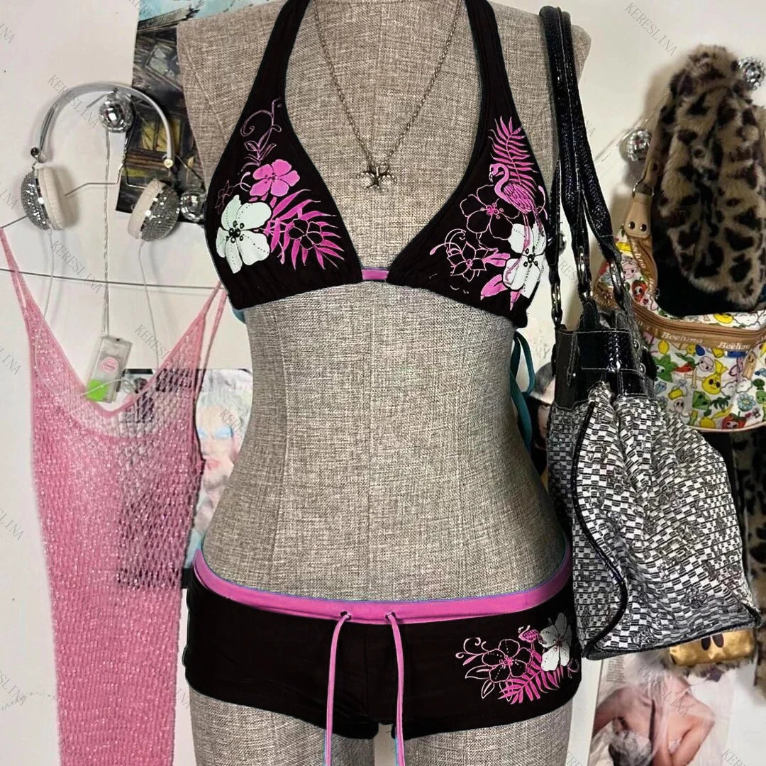 Y2k Vintage Flower print Cutie 2 set Bikini Swimsuit Sexy Women Bathing Fashion Halter Strap Swimwear High Street Beach Female - Sun Studio