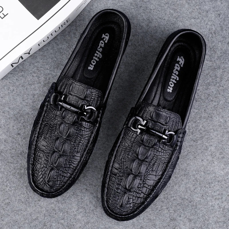Mens Slip On Loafers Genuine Leather Casual Shoes Driving Moccasins Flats Luxury Brand Classic Black Handmade - Sun Studio