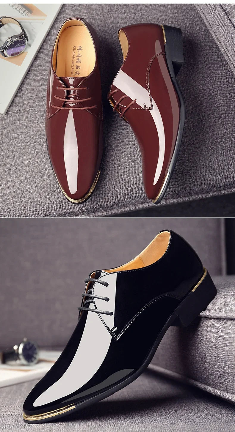 2024 New Men’s Patent Leather Shoes  British Style Men's Dress Shoes Lace Up Pointed Toe Wedding Business Party Social Shoe Male - Sun Studio